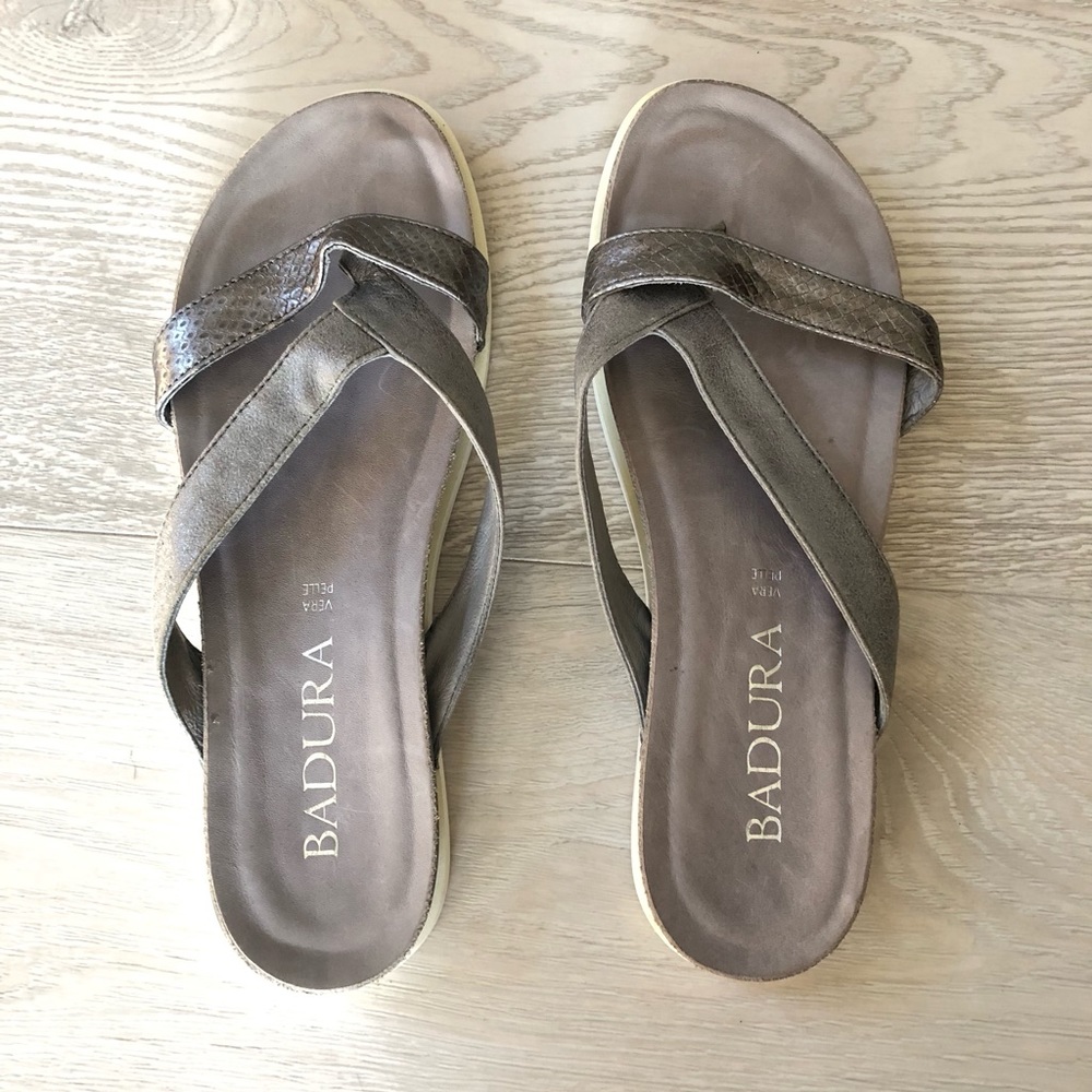 More pics for NWT Badura Leather Silver T-Strap Sandals Platform Sliders Shoes